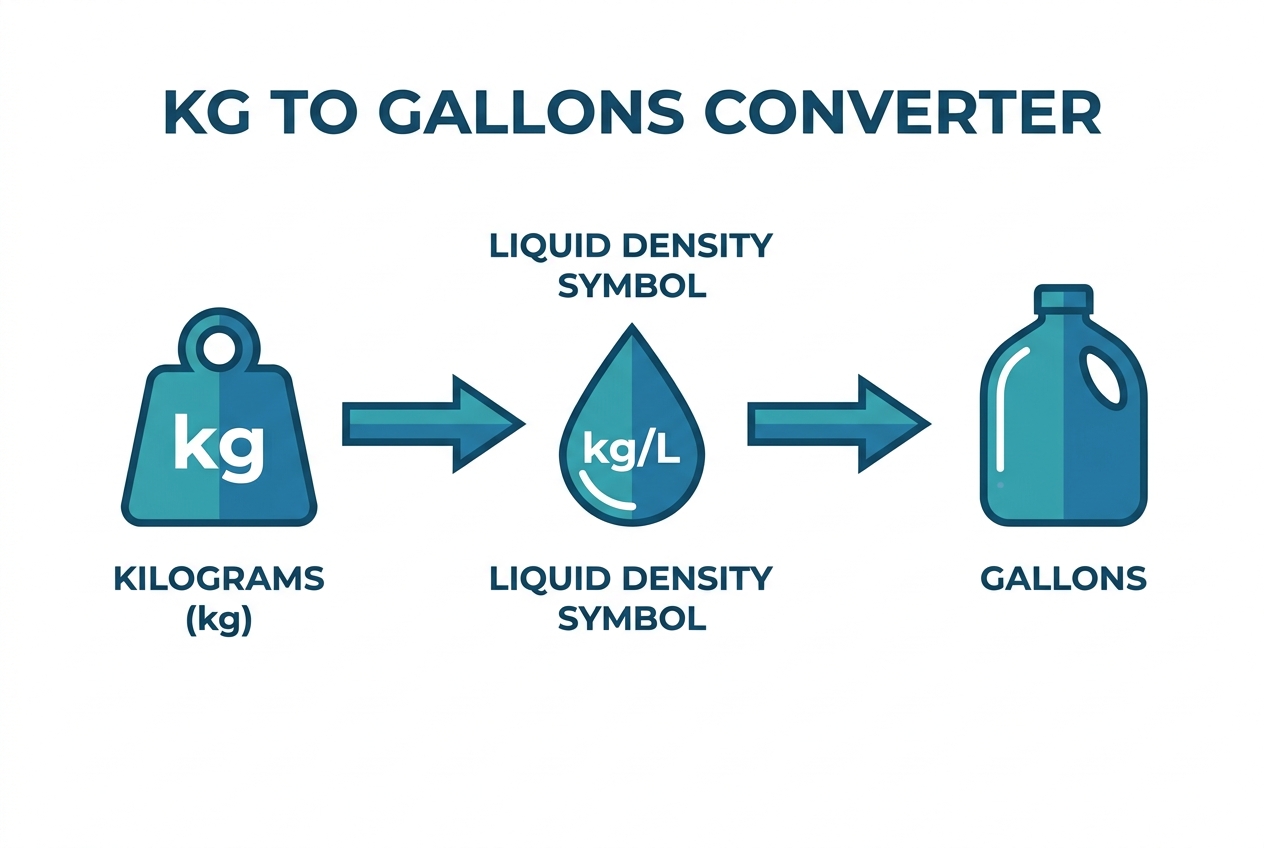 Kg to Gallons Converter diagram showing kilograms divided by liquid density to produce gallon volume