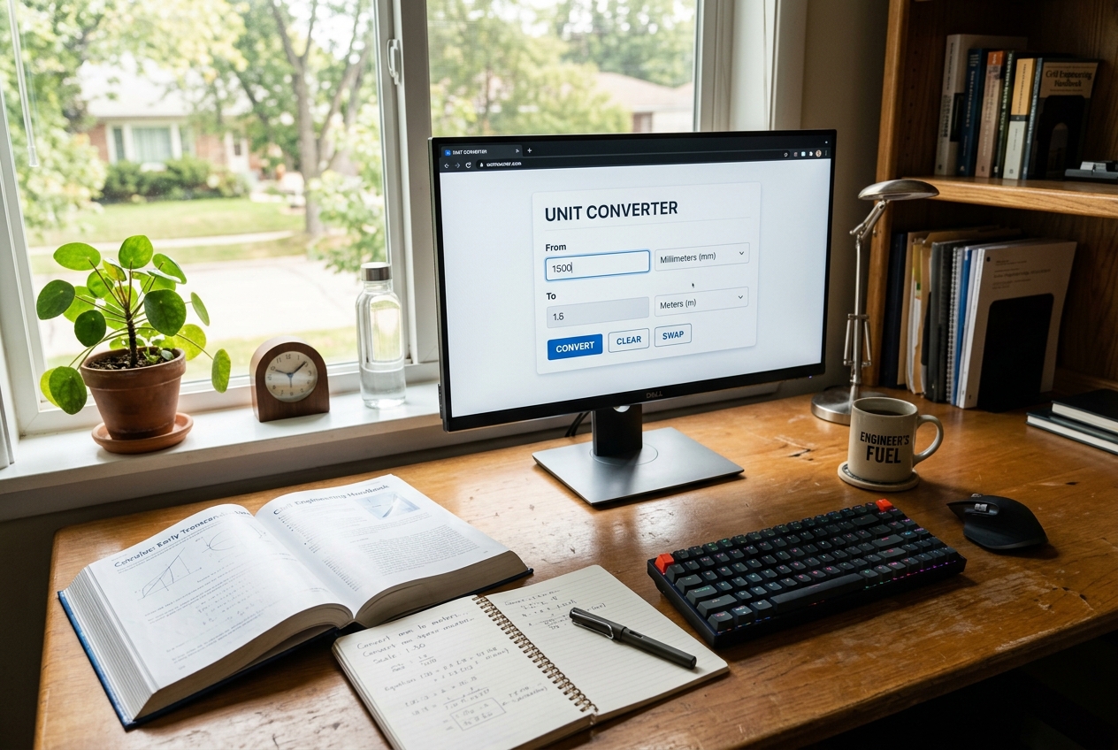 A well-lit desk workspace with a monitor showing the Kilograms to Gallons calculator interface, alongside reference books and a notebook