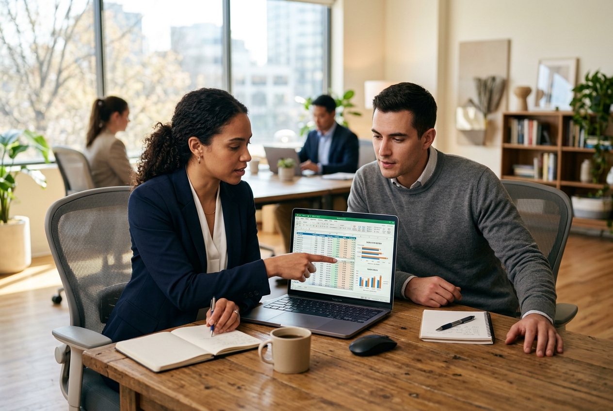 Two team members reviewing a density-conversion table on a laptop screen in a bright office environment